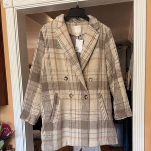 H&M Plaid Double-Breasted Pea Coat in Cream and Taupe